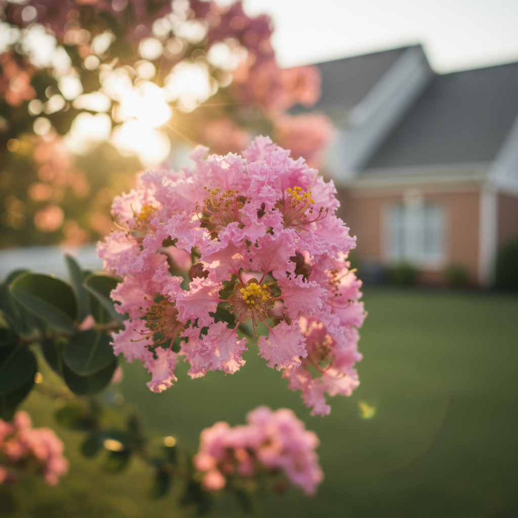 A close-up view of a cluster of pink flowers in full bloom, with a house and trees in the background.