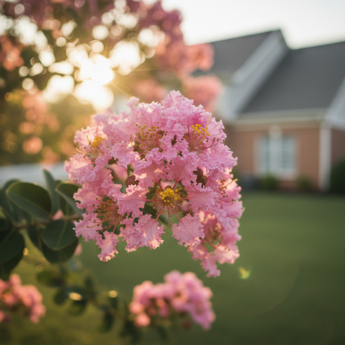 A close-up view of a cluster of pink flowers in full bloom, with a house and trees in the background.