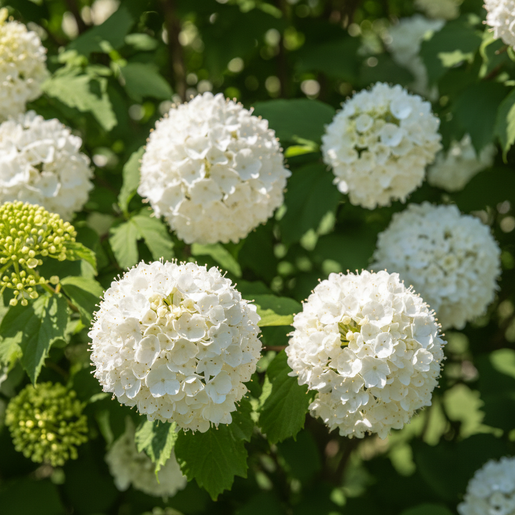A close-up view of a cluster of white hydrangea flowers surrounded by green leaves.