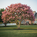 A large tree with pink flowers stands in a well-manicured lawn, surrounded by a white picket fence and a house in the background.