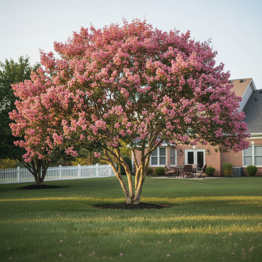 A large tree with pink flowers stands in a well-manicured lawn, surrounded by a white picket fence and a house in the background.