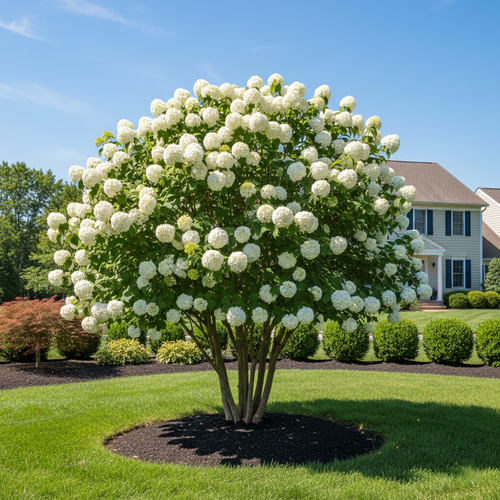 A large tree with white flowers stands in the center of a well-manicured lawn, surrounded by a black mulch circle and a neatly trimmed hedge. In the background, a house can be seen, adding to the serene and picturesque setting.