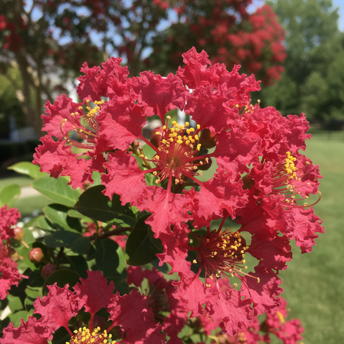 A close-up view of a cluster of vibrant red flowers with yellow centers, set against a backdrop of lush greenery and a clear blue sky.
