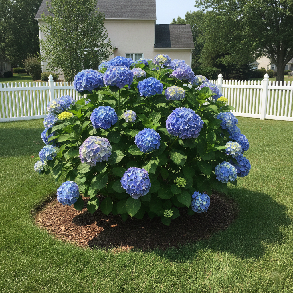 A large bush with blue and purple hydrangea flowers in a well-maintained yard, with a white picket fence and a house in the background.
