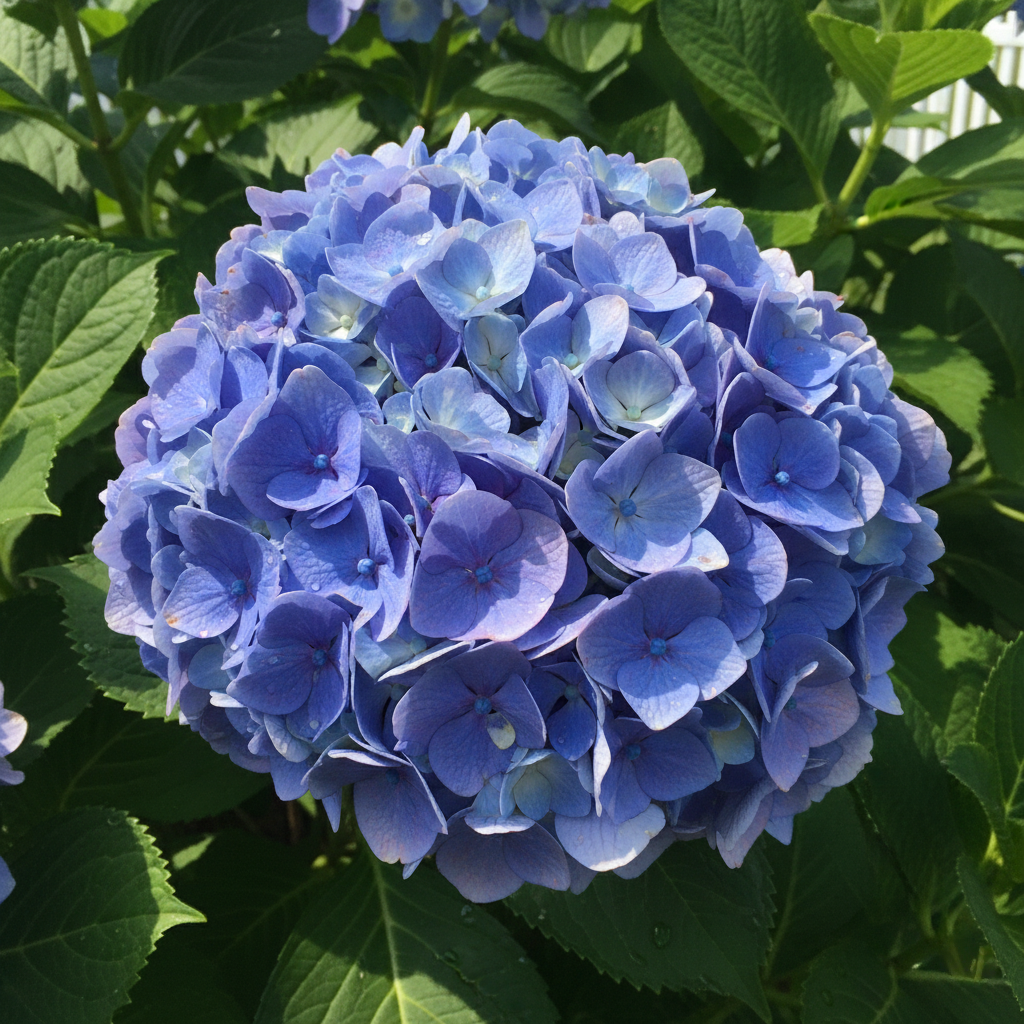 A close-up view of a vibrant blue hydrangea flower surrounded by lush green leaves.