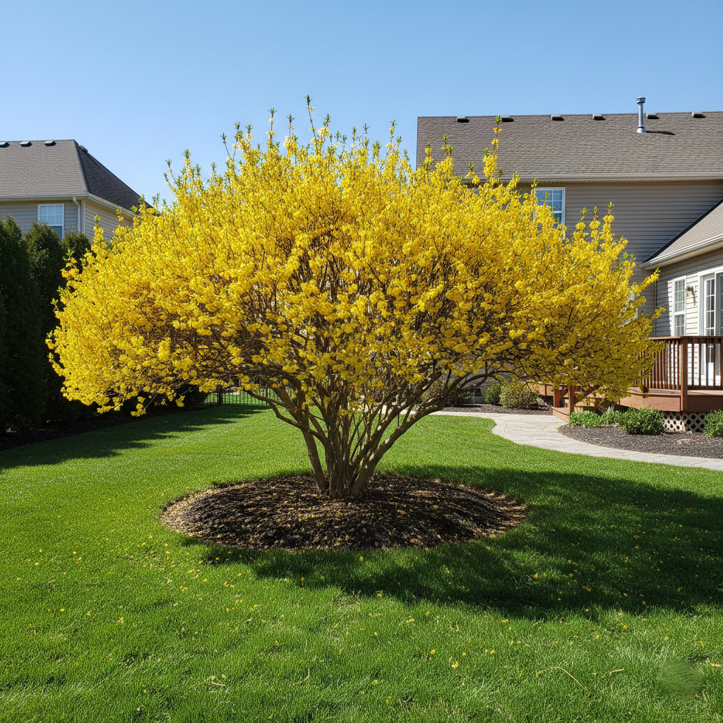 A large, vibrant yellow flowering tree stands in the center of a well-manicured lawn, surrounded by a circular bed of mulch. In the background, there are houses and a wooden deck, creating a picturesque suburban scene.
