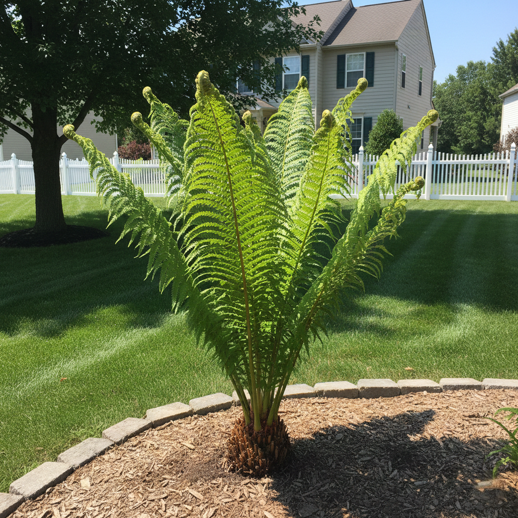 A lush, green fern plant with large fronds stands in a well-maintained garden, surrounded by a gravel border and a white picket fence.