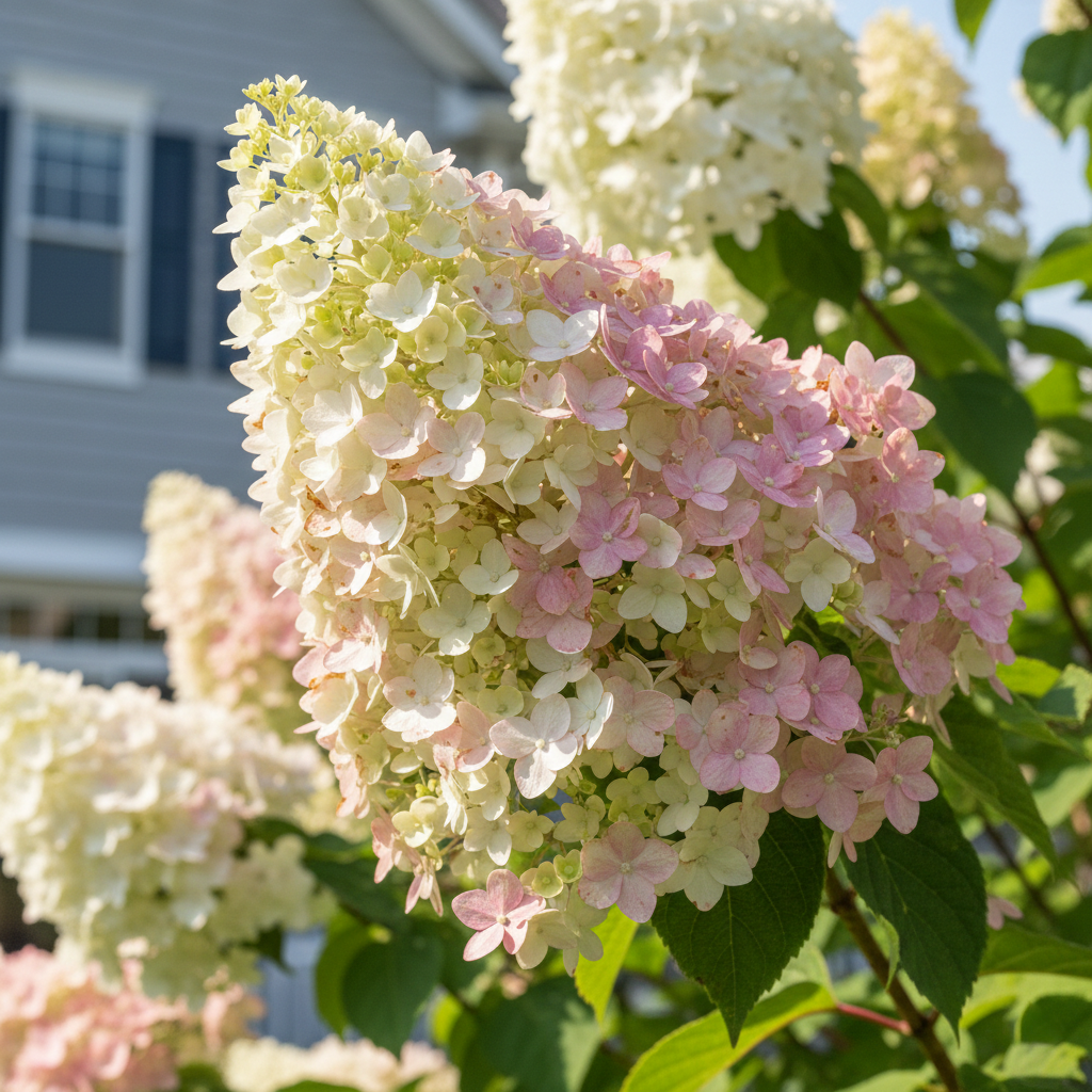 A close-up view of a cluster of pink and white hydrangea flowers in full bloom, surrounded by lush green foliage.