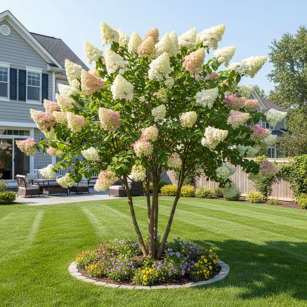 a lush, well-maintained lawn with a large tree in the center, surrounded by a flower bed and a house in the background.