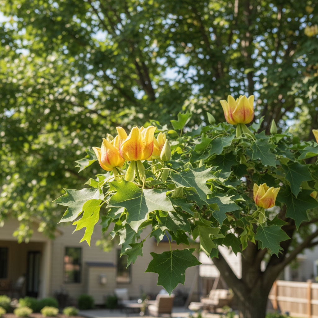 a tree with yellow flowers blooming on its branches, surrounded by lush green leaves.