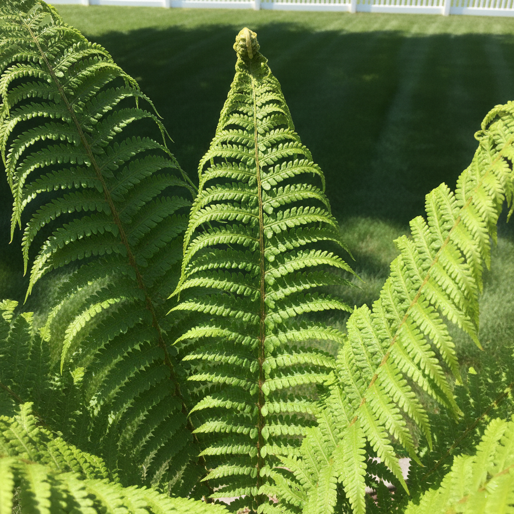 a close-up view of lush, green fern fronds with a bright, verdant color.
