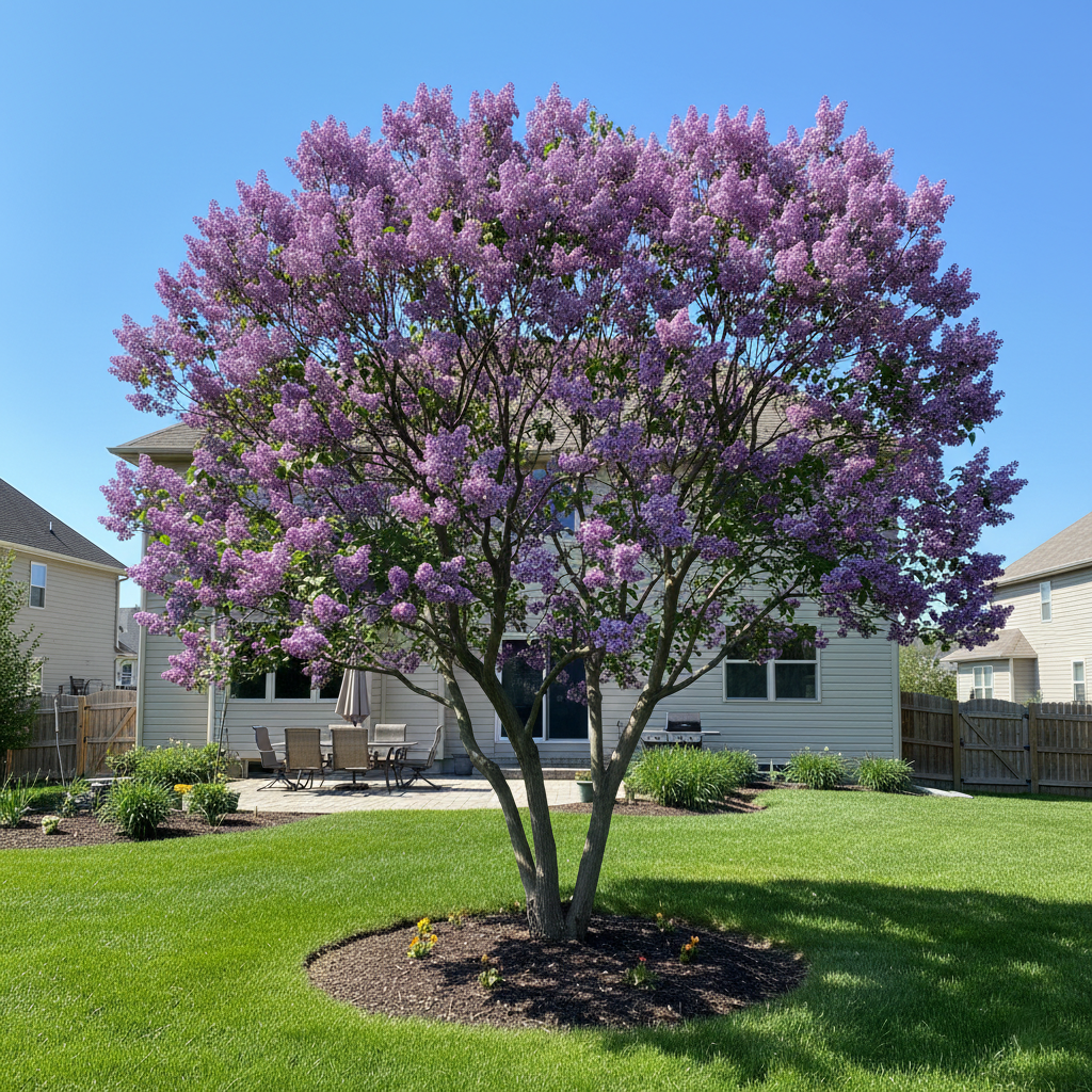 a large tree with purple flowers in the foreground, surrounded by a well-maintained lawn and a house in the background.